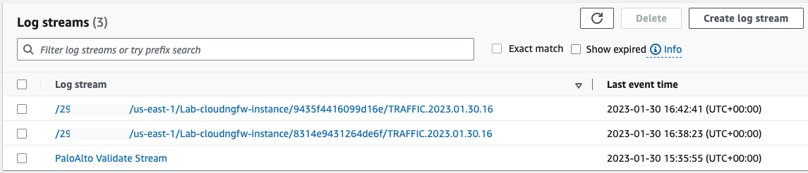 screenshot of AWS CoudWatch list of Log Streams
